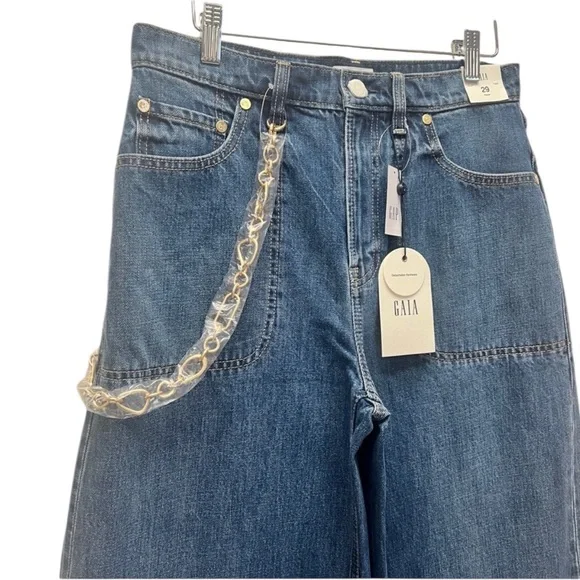 NWT Gap x Cult Gaia High Rise Stride Chain Jeans in Blue Size 28 - Picture 5 of 10